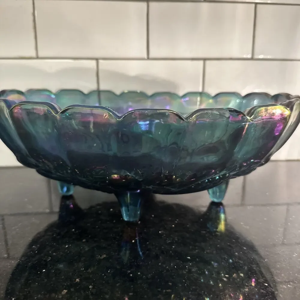 VTG Carnival Glass Blue Iridescent Purple Console Centerpiece Bowl Harvest Grape